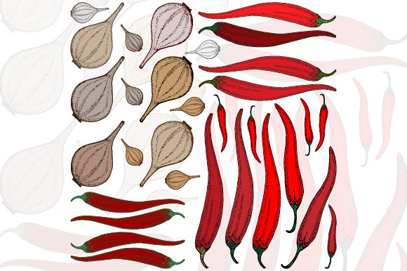Exploring the Vector Set of Chili and Onion: A Vintage Illustration for Modern Use
