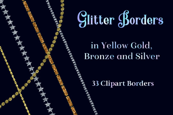 Glitter Borders in Yellow Gold, Bronze and Silver - 33 Clipart Borders