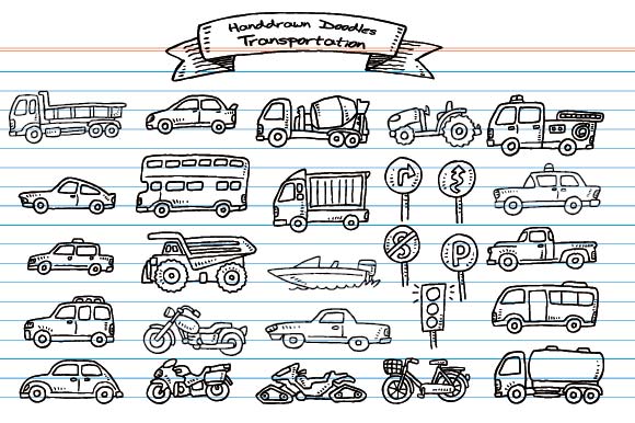 Set of Handdrawn Doodle Transportation: A Versatile Asset for Creative Projects